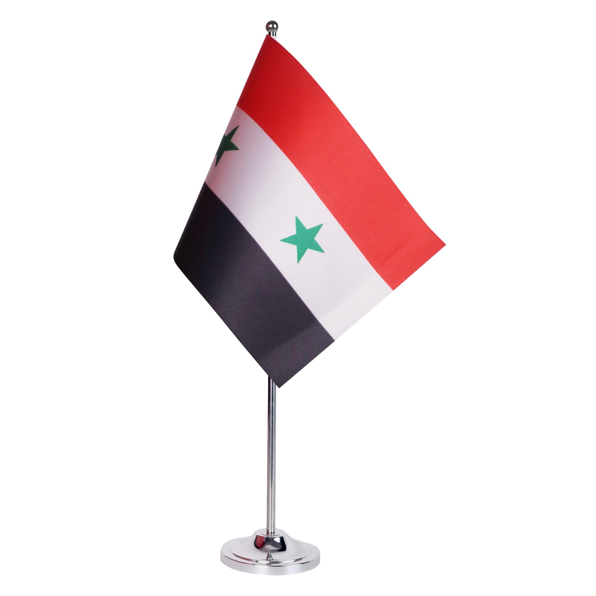 AZ FLAG Syria Prestige Table Flag 6'' x 9'' - Syrian Office Decoration 100% Satin 22 x 15 cm - Desk Flag with Steel Pole and Base