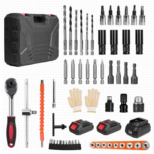 Trailabo Chave de Impacto Elétrica 48V com 2 Bateria, 55 Peças, Alta Velocidade Até 3000 RPM, Furadeira de Impacto Multiuso de 600N com Cabo de Borracha e Carregador, Parafusadeira e Furadeira