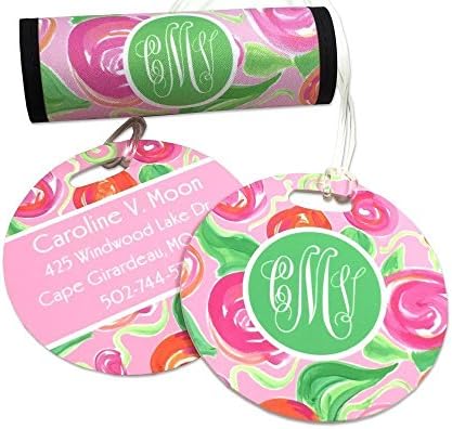 Monogrammed Luggage Tag and Handle Wrap Set, custom personalized luggage bag tag and suitcase handle wrap. Rose pattern with optional Name Address and Phone for Back of tag.