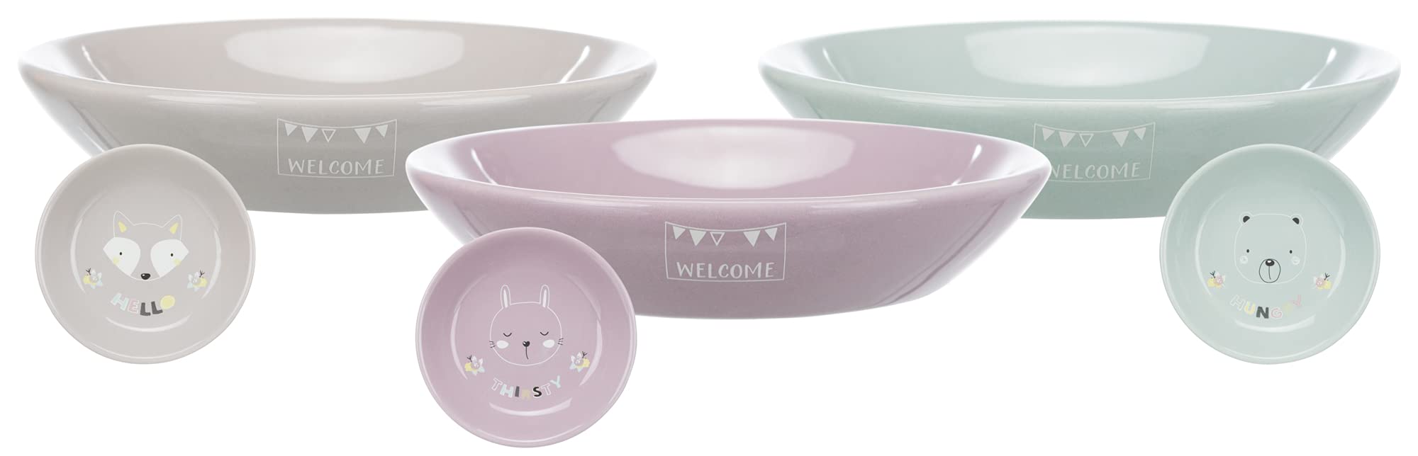 TRIXIE 25128 Junior Bowl, Flat, Ceramic, 0.2 l/Diameter 14 cm, Assorted (Purple, Grey, Mint), Assorted Colours