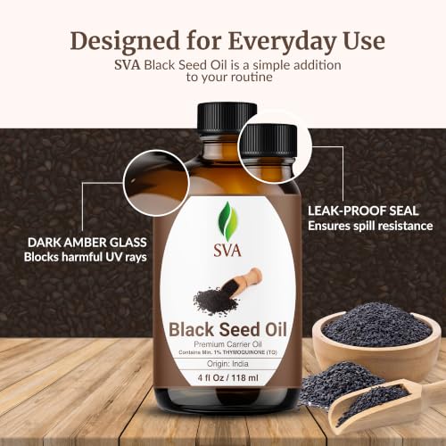 SVA Black Seed Oil – 4 Fl Oz – 100% Natural Cold Pressed Nigella Sativa – Kalonji Oil for Hair, Face & Skin Care – Carrier Oil with Dropper