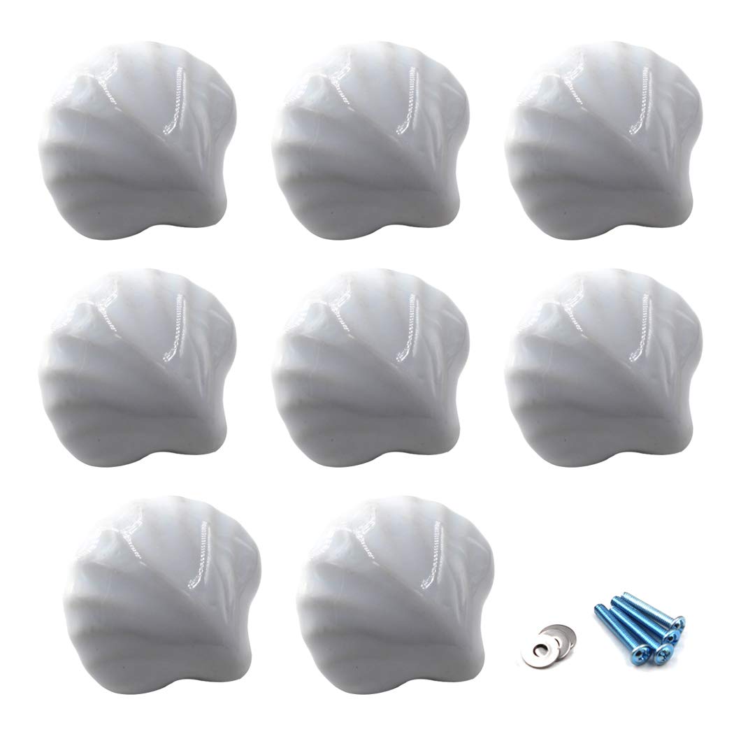 Flomore White Drawer Knob Ceramic Cabinet Knobs Kids Room Handle Pull Shell Shape For Dresser Drawers (Pack of 8 Screws Included)