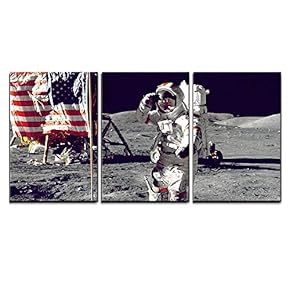 3 Piece Canvas Wall Art - Astronauts on The Moon - Modern Home Art Stretched and Framed Ready to Hang - 16"x24"x3 Panels