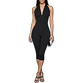 LuFeng Women's Deep V Neck Halter Ruched Backless Capri Jumpsuit Trendy Bodycon One Piece Daily Pants Outfits