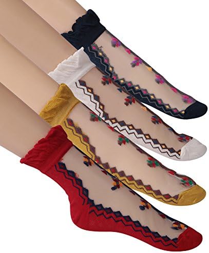 Short Summer Dress Socks Women, Funcat Girls Ladies Vintage Ruffle Cuff Ankle Boots See Through Sheer Socks with Lace Trim 4 Pairs