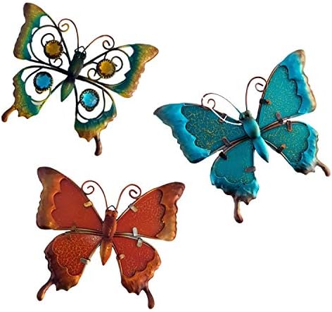 3Pcs/Set Metal Butterfly Fence Hanger Glass Butterfly Wall Art Yard Outdoor Lawn Garden Decor
