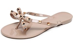 OMGard Studded Jelly Shoes for Womens Bow Flip Flops Jellies Sandals Flat Black Summer Beach Thong with Rivets Strappy Slides Slip On