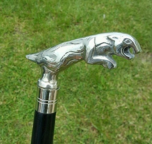 BRASS JAGUAR HANDLE WALKING STICK CANE SOLID BRASS HANDLE WOODEN BLACK STICK