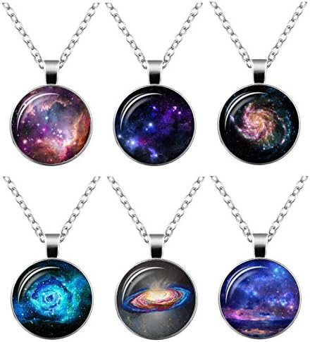 FIONUSUM 6 Pieces Galaxy Pendant Necklace Chain Glass Universe Necklace Charm Set