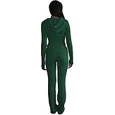 Women's Ribbed Knit 2Pcs Outfits Long Sleeve Zip Up Hooded Sweater Top Flare Skinny Pants Set Y2K Loungewear Set