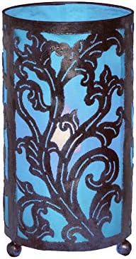 PRESENT COMPANY | Rustic Metal Table Lamp Large Turquoise Fabric Leaf Design Fair Trade - Bohemian, Antique Style