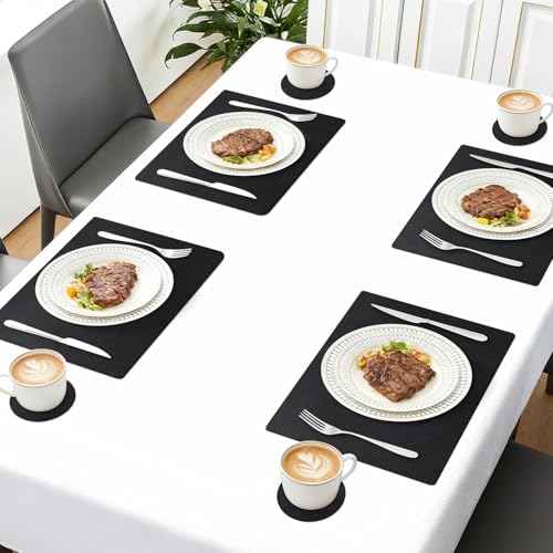 Manteles Individuales para Mesa de Piel, Set de 6 Manteles Individuales y Portavasos, Tapetes para Mesa de Comedor Impermeable, Resistente al Calor, Mantel Individual para el Hogar, Hotel (Negro)