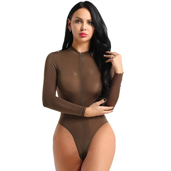 Alvivi Damen Rollkragen Bodysuit Overall Catwoman Transparent Body Ouvert-Kostüm Langarm Elastisch Dessous-Babydoll Tanzbody