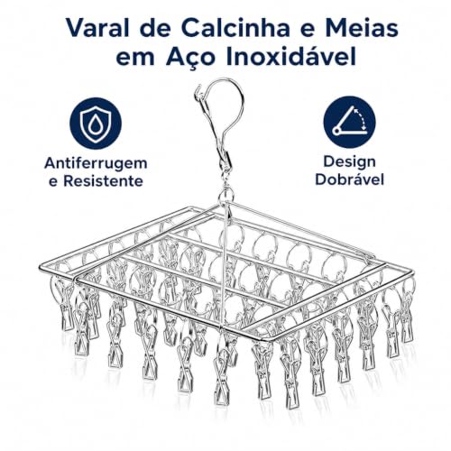 Varal Multiuso Inox 40 Prendedores para Roupas Íntimas e Acessórios – Estrutura Dobrável de Alta Durabilidade Antiferrugem