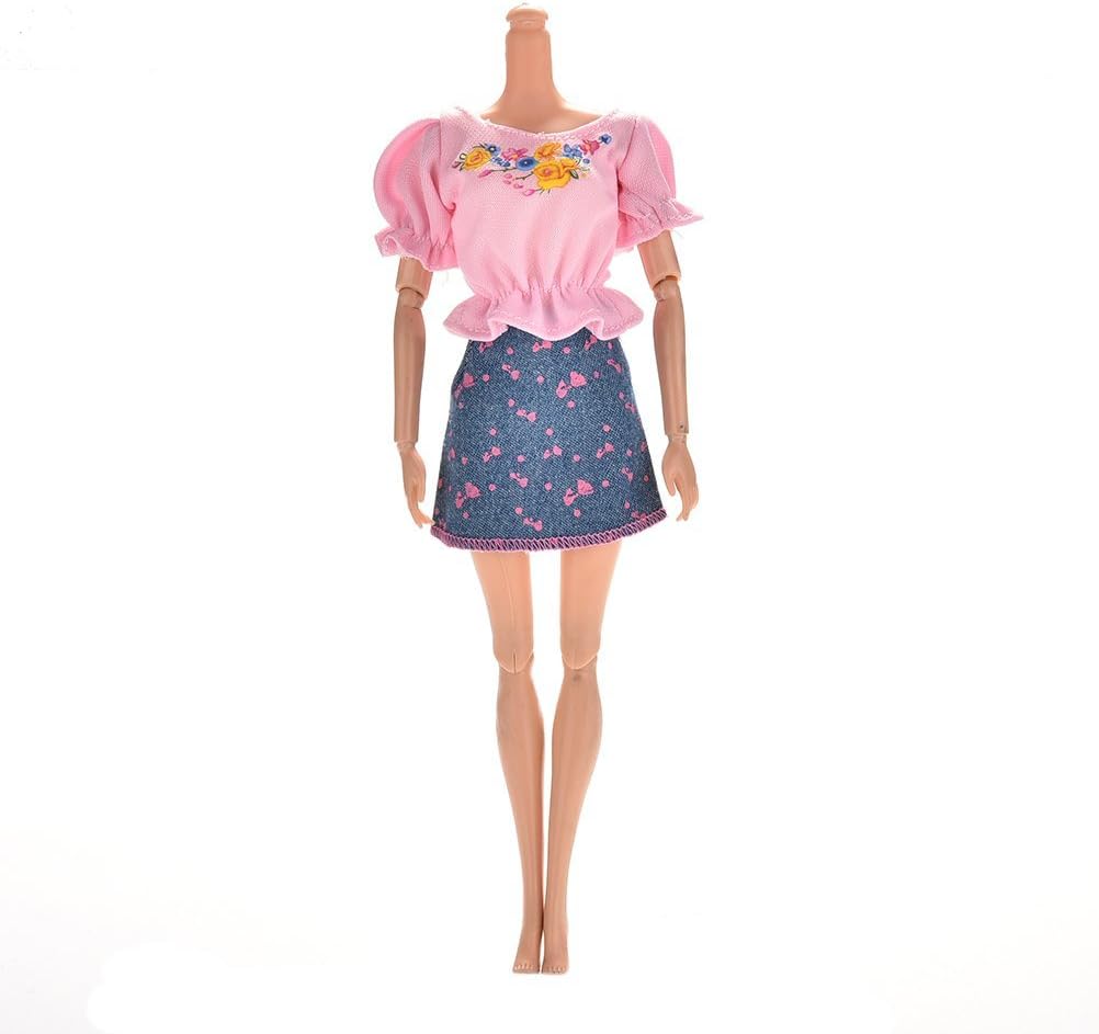 Lsmaa 2 Pcs/Set Pink T Shirt and Blue Denim Skirt for Barbie Dolls