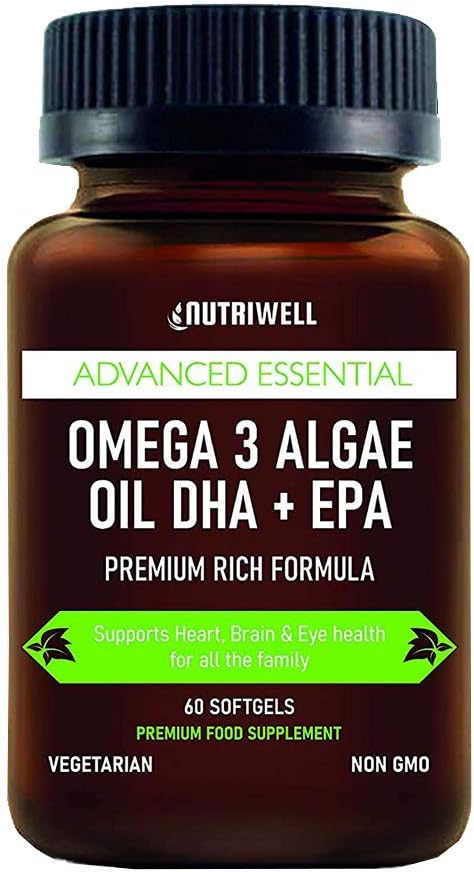 Vegan Omega 3, High Strength Algae Oil, DHA + EPA, 60 Softgel Capsules, Plant Based, Supports Heart, Brain