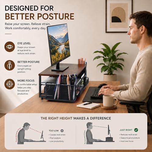 Computer Monitor Stand Riser with Storage, 2-Tier Wooden Desk Organiser and Accessories with Drawer & 2 Pen Holders, Ergonomic Desktop Stand for Printer, iMac & Office Desk Accessories, Brown