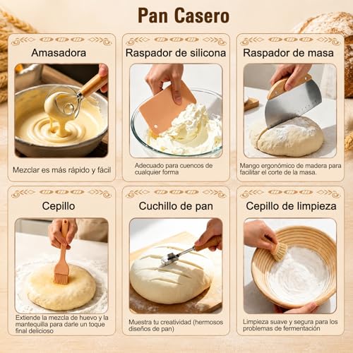 Kit de inicio de masa madre, Suministros para Hornear Pan de Masa Madre, Incluye 2 cestas de fermentación, Manual, Tarro, Espátula, Cuchillas, Bolsas y Más, Regalos de repostería