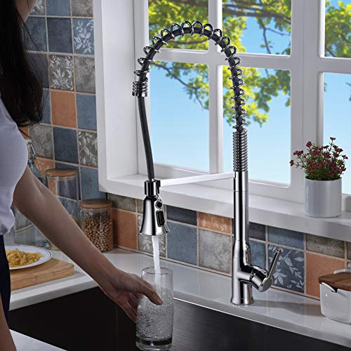 SonTiy Commercial Kitchen Faucets with Pull Down Sprayer, Single Handle Single Hole Pull Out Kitchen Faucet Chrome, High Arc Spring Kitchen Sink Faucets