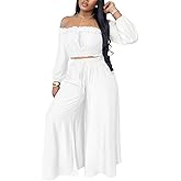 ABKY Two Piece Sets For Women Going Out Long Sleeve Off Shoulder Crop Top Wide Leg Pants Set Vacation Birthday Party Outfits