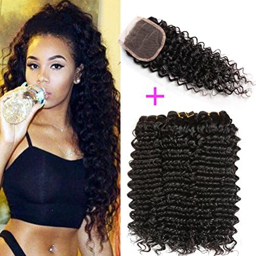 Shireen Hair 8A Malaysian Deep Wave 3 Bundles with Closure Malaysian Curly Weave Human Hair 100% Unprocessed Virgin Human Hair Weft Extensions Natural Color (20 22 24+18 free part lace closure)