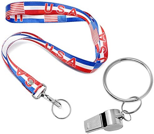 USA Red &amp; Blue American Patriotic Keychain Holder Lanyard with Metal GI Police Style Whistle Set