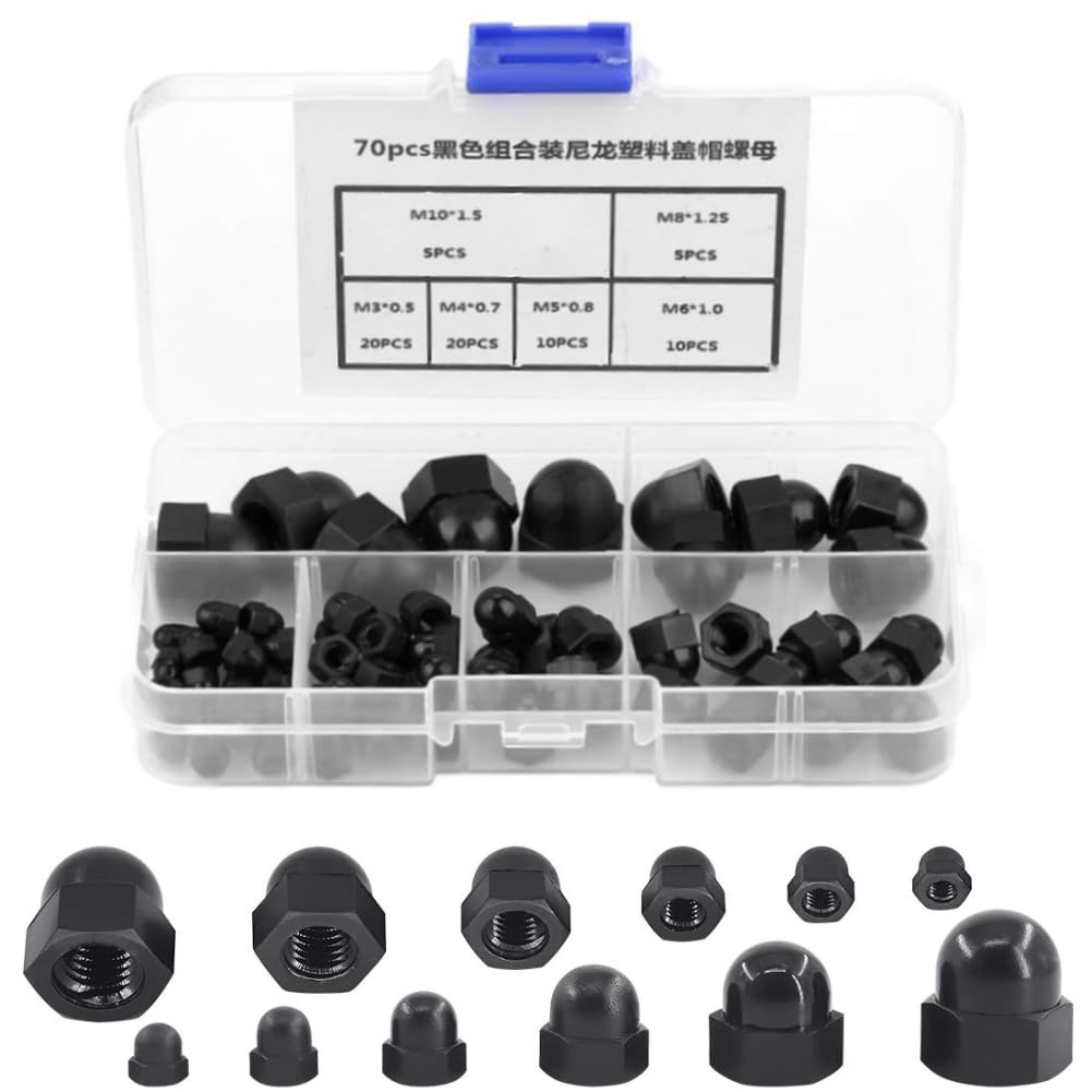 Uadme 70Pcs Acorn Dome Cap Nuts Assortment Kit, M3 M4 M5 M6 M8 M10 Nylon Hex Caps for Protecting Hexagon Screws Bolts, Black
