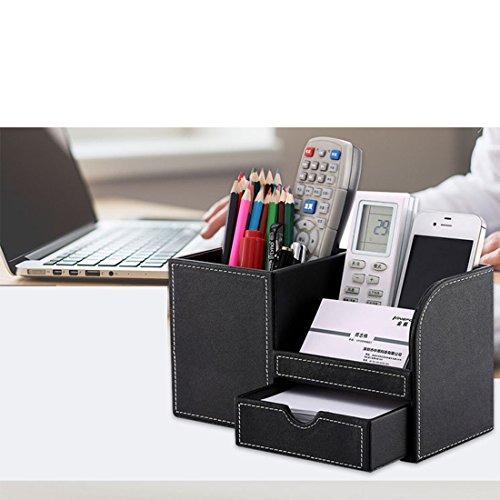 Zubita Multi-Functional Pencil Holder, Office Desk Organizer PU Leather and Wood Business Cards Holder and Pen Container Desk Supplies Organizer for Pens Pencils Mobile Phone and Cards ( Black ) - Thumbnail 3