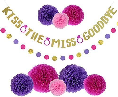 Bachelorette Party Decorations Kit, Bridal Shower Decor, Hen Party Supplies - Gold Glitter Banner w/ Hot Pink Rings, Set of 8 Purple &amp; Pink Pom Poms and Garland