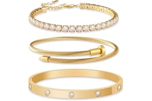 JUNVirtuous 3-Pack Gold Bracelets for Women,18K Gold Plated Bangle Tennis Bracelets Stack Set for Women Trendy Non Tarnish Stainless Steel Gold Bangles Accessories Designer Jewelry Pulseras Para Mujer