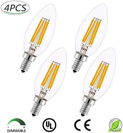 4W LED Filament Dimmable Candelabra Bulb,Warm White 2700K, 400 Lumens, E12 Candelabra Base,Torpedo Shape,C35,Upgrade New,Pack of 4,LightFamily