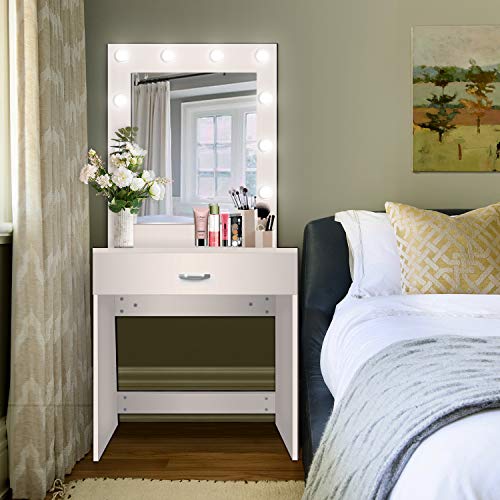 US Shipping Vanity Set with Lighted Mirror, YEEGO Makeup Vanity Dressing Table Dresser Writing Desk with Drawer for Bedroom Easy Assembly, White(10PCS Cool LED Bulbs) - Thumbnail 6