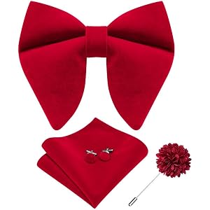 Hi-Tie Mens Solid Red Oversized Velvet Bow Tie Pre-tied Adjustable Tuxedo Bowtie Lapel Pin Handkerchief Set for Party Gift