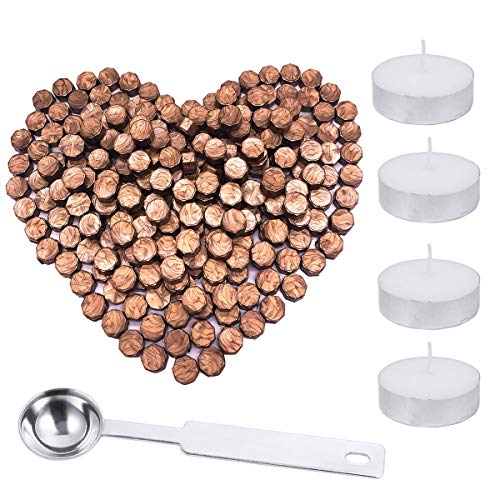 200Pcs Octagon Sealing Wax Beads Sticks with Storage Box + 4Pcs Tea Candles + 1Pcs Sealing Wax Spoon, Sealing Wax Kit for Wax Stamp Sealing Letter, 5 Colors (Copper)