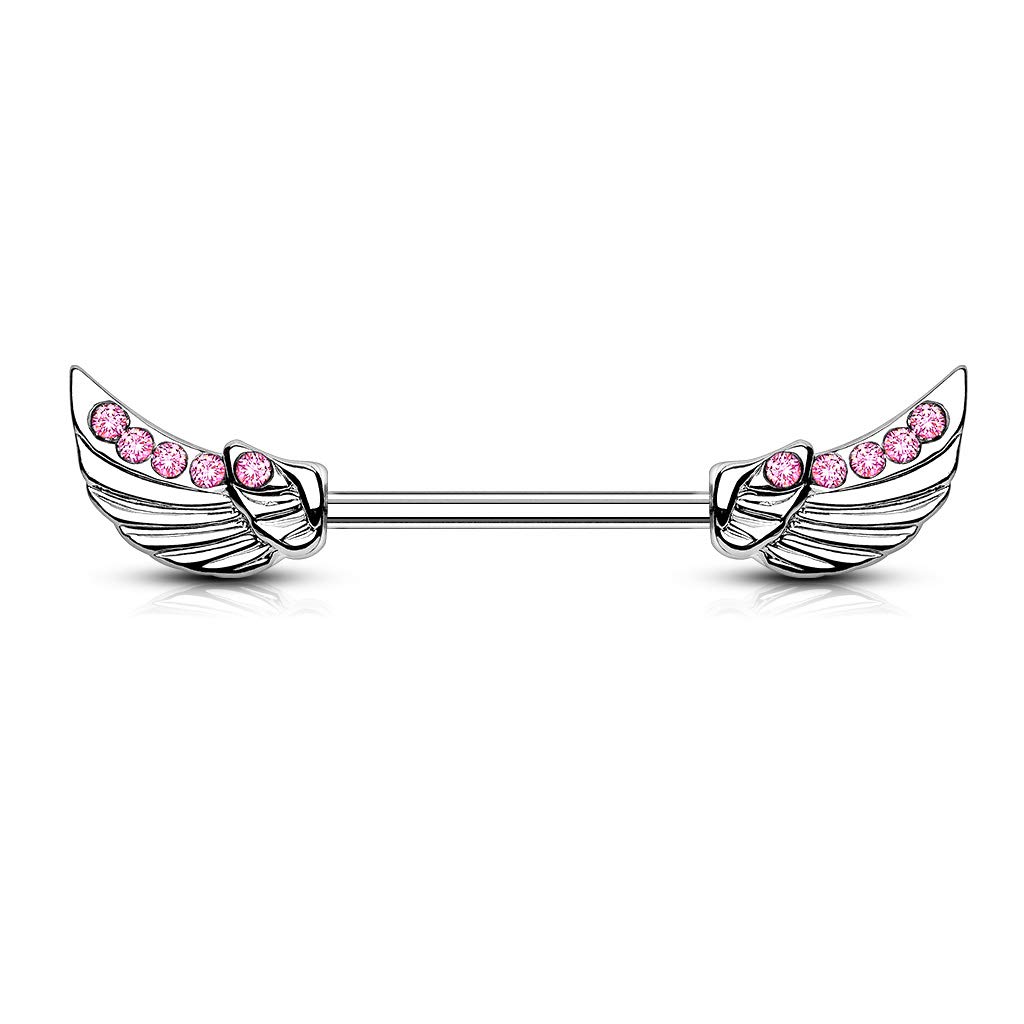 PiercedOff 316L Surgical Steel Nipple Bar with Pink CZ Lined Angel Wings - Thickness 14GA (1.6mm) / Length 14mm / Wing Size 10mm x 5mm