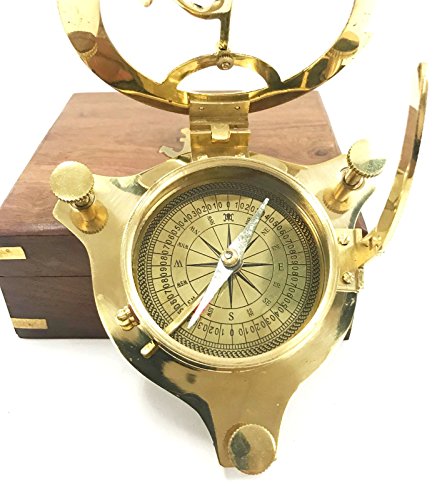 INDIA OVERSEAS TRADING CORP 4.5" Sundial Compass With Teak Wood Box Inlaid With Solid Brass