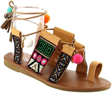 VIA PINKY EF74 Women's Pompom Leg Wrap Fringe Lace Up Flat Sandals, Color:TAN, Size:8