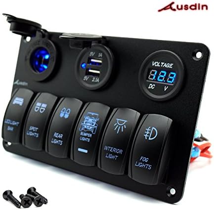Rocker Switch Panel,Ausdin LED 6 Gang Rocker Switch Panel Waterproof 5pin On/Off Circuit Breakers with 12V Cigarette Socket Digital Voltmeter 2 USB Power Charger Adapter for Car / Boat Marine