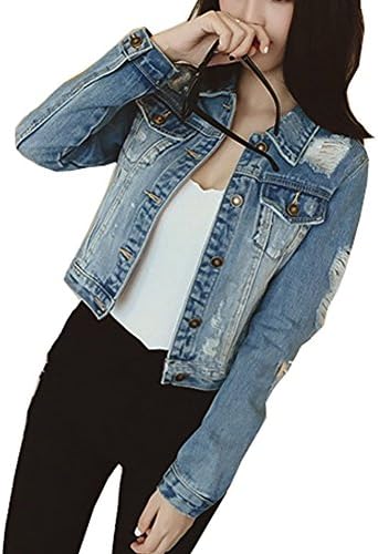 JudyBridal Womens Ripped Jean Jacket Juniors Button Vintage Petite Denim Jacket Blue XS