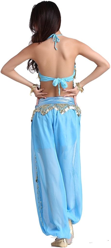 ZLTdream Lady's Belly Dance Chiffon Banadge Top and Lantern Coins Pants Light Blue, One Size: Clothing