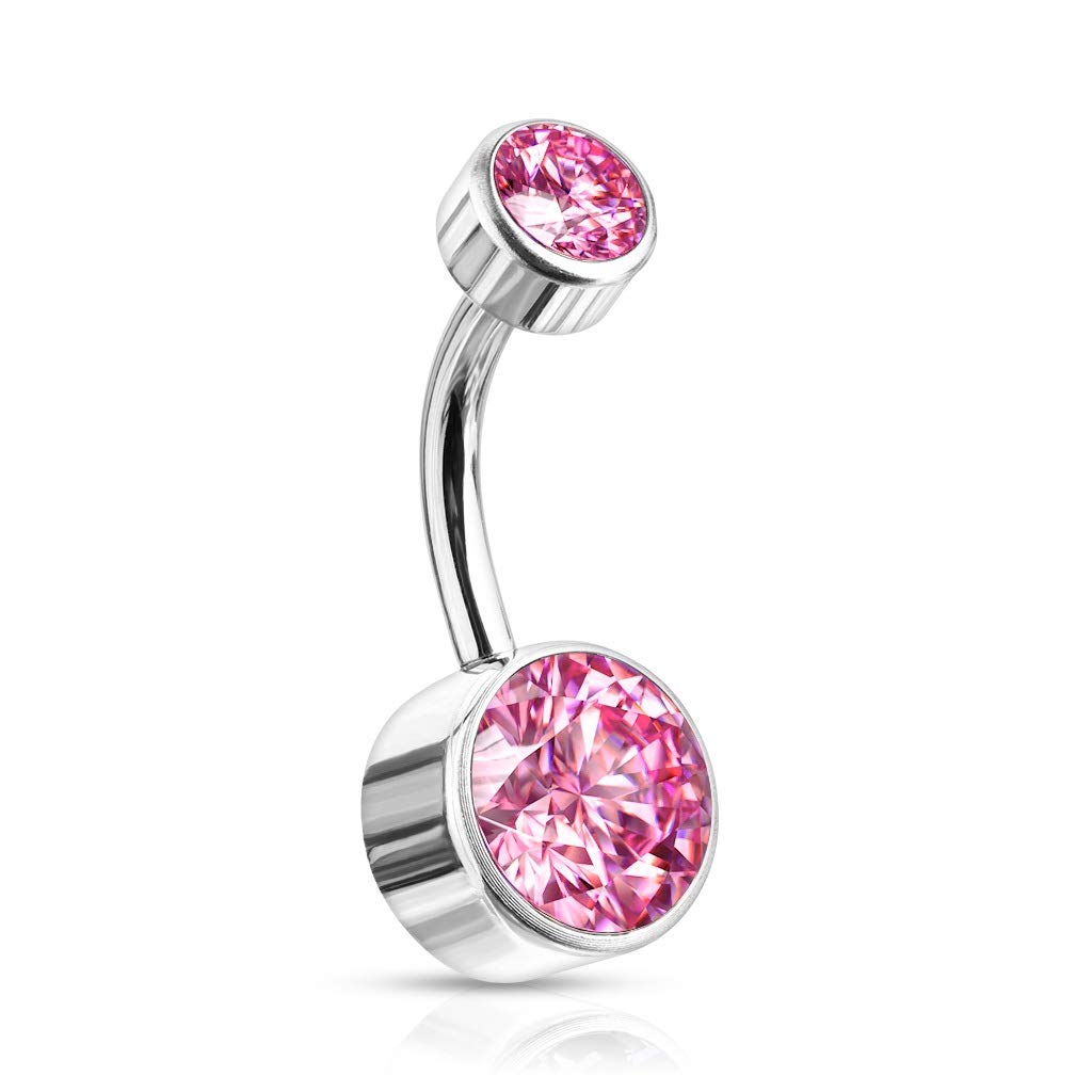 PiercedOff Titanium Belly Bar with Internally Threaded Round Pink Crystal - Thickness 14GA (1.6mm) / Length 10mm / Ball Sizes 5mm Top and 8mm Bottom