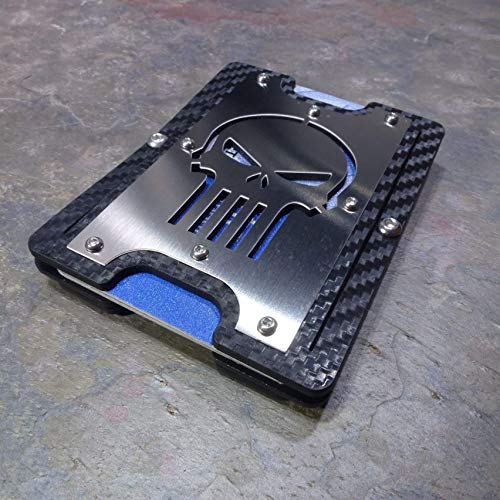MultiWallet Metal head (Skull) Edition. Holstex Tactical Wallet Carbon Fiber Texture With Brass or Stainless Steel Front Plate. Multi tool and money clip.