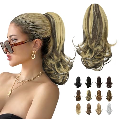 Sofeiyan 13" Ponytail Extension Long Curly Ponytail Clip in Claw Hair Extension Natural Looking Synthetic Hairpiece for Women,Blonde & Medium Brown โ image 1