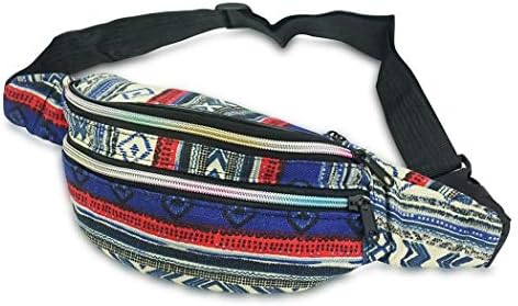 3 Zippered Bohemian Fanny Pack Multi Strip Pattern Festival Bum Bags Lightweight Retro Travel Hiking Waist Bag (Bohemian Blue)
