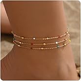 JotCa 18K Gold Plated Boho Beaded Anklets for Women Dainty Gold Layered Round Ball Ankle Bracelet Pearl Cross Anklet Bracelet Waterproof Gold Jewelry