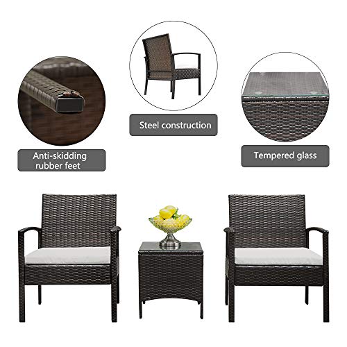 Z ZTDM Patio Porch Rattan Sofa Set, 3-Piece Wicker Chair Sectional, Beige Cushion with Table, All-Weather Waterproof Outdoor/Indoor Use Backyard Poolside Garden Balcony Lawn