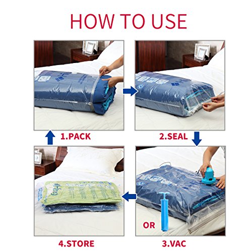Hibag Space Saver Bags, 15-Pack Vacuum Compression Storage Bags (3Small, 3Medium, 3Large, 3Jumbo, 3 Roll Up Bags) with 1 Free Hand-Pump (15-Combo)