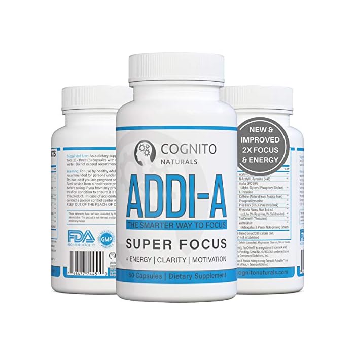 ADDI-A Super Focus + Energy, 1 Brain Booster for College Students & Professionals, Nootropics: L Tyrosine, L Carnitine…