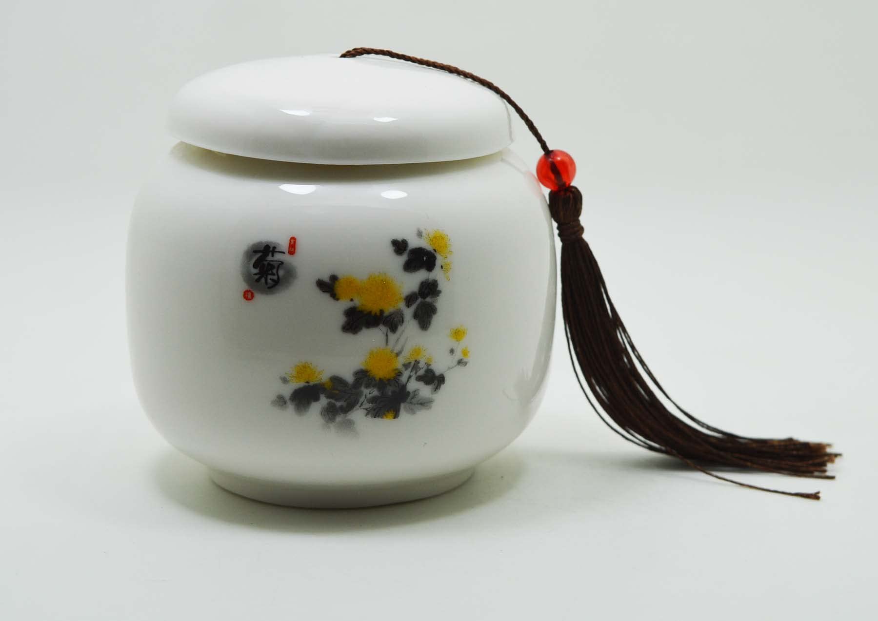 Palmetto Housewares Ceramic Tea Canister 8.2x8.3cm, Artistic Tea Caddy, Tea-leaf Ceramic Can With Painting (Chrysanthemum)