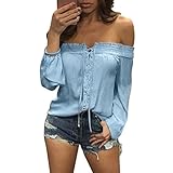 Gotd Women Summer Loose Off Shoulder Long Sleeve Tops Blouse Casual Shirt Tee (M, Blue)